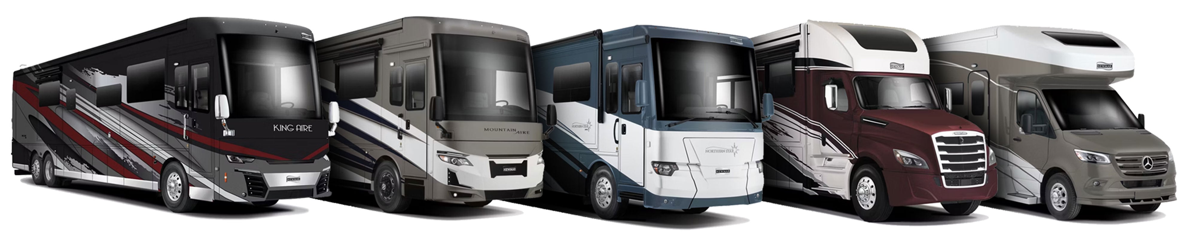 2027 Newmar motorhomes lineup, showcasing Class A, Class C, and mobility models