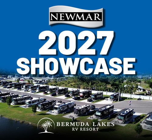 2027 Newmar motorhome lineup on display at Bermuda Lakes RV Resort featuring luxury Class A diesel coaches including Dutch Star, Mountain Aire, Essex and King Aire