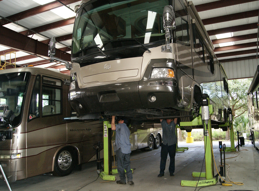 Inspecting Undercarriage While RV is on Lift